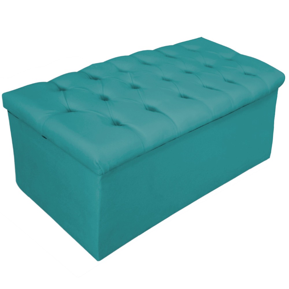 Kit Cabeceira e Calçadeira Baú Estofada Mel 90 cm Solteiro Com Capitonê Suede Azul Turquesa - Amarena Móveis