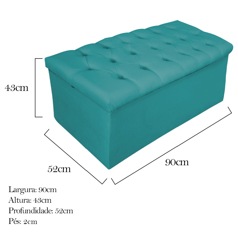 Kit Cabeceira e Calçadeira Baú Estofada Mel 90 cm Solteiro Com Capitonê Suede Azul Turquesa - Amarena Móveis