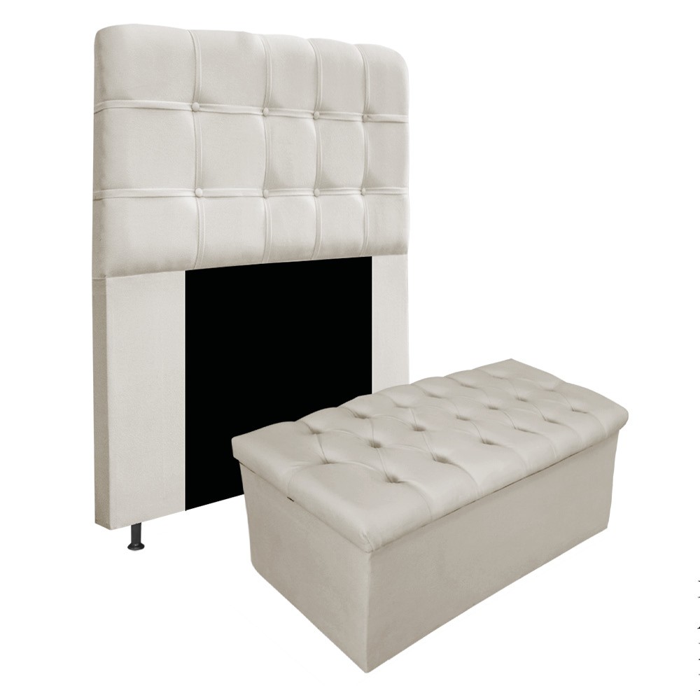Kit Cabeceira e Calçadeira Baú Estofada Mel 90 cm Solteiro Com Capitonê Suede Bege - Amarena Móveis