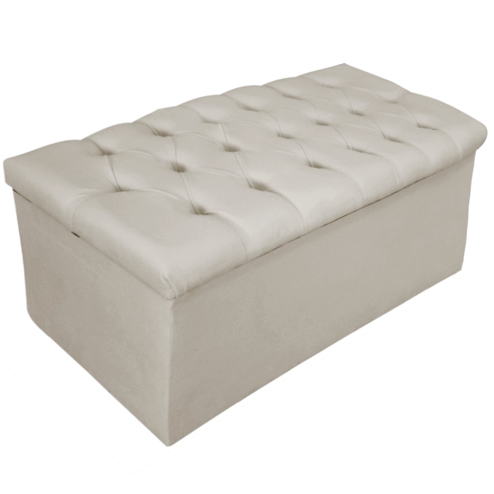 Kit Cabeceira e Calçadeira Baú Estofada Mel 90 cm Solteiro Com Capitonê Suede Bege - Amarena Móveis