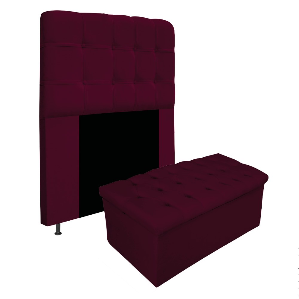 Kit Cabeceira e Calçadeira Baú Estofada Mel 90 cm Solteiro Com Capitonê Suede Bordô - Amarena Móveis