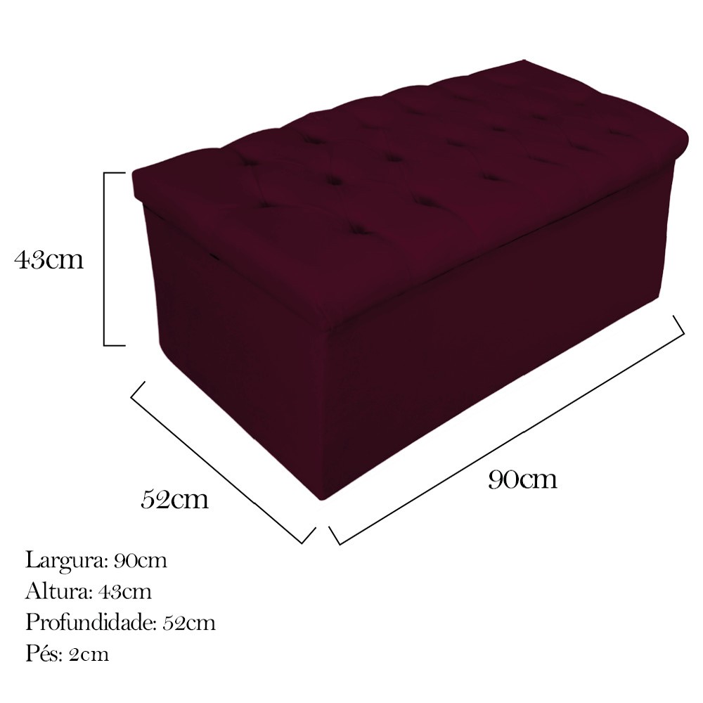Kit Cabeceira e Calçadeira Baú Estofada Mel 90 cm Solteiro Com Capitonê Suede Bordô - Amarena Móveis