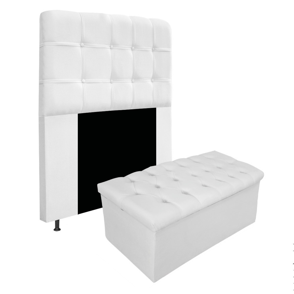 Kit Cabeceira e Calçadeira Baú Estofada Mel 90 cm Solteiro Com Capitonê Suede Branco - Amarena Móveis