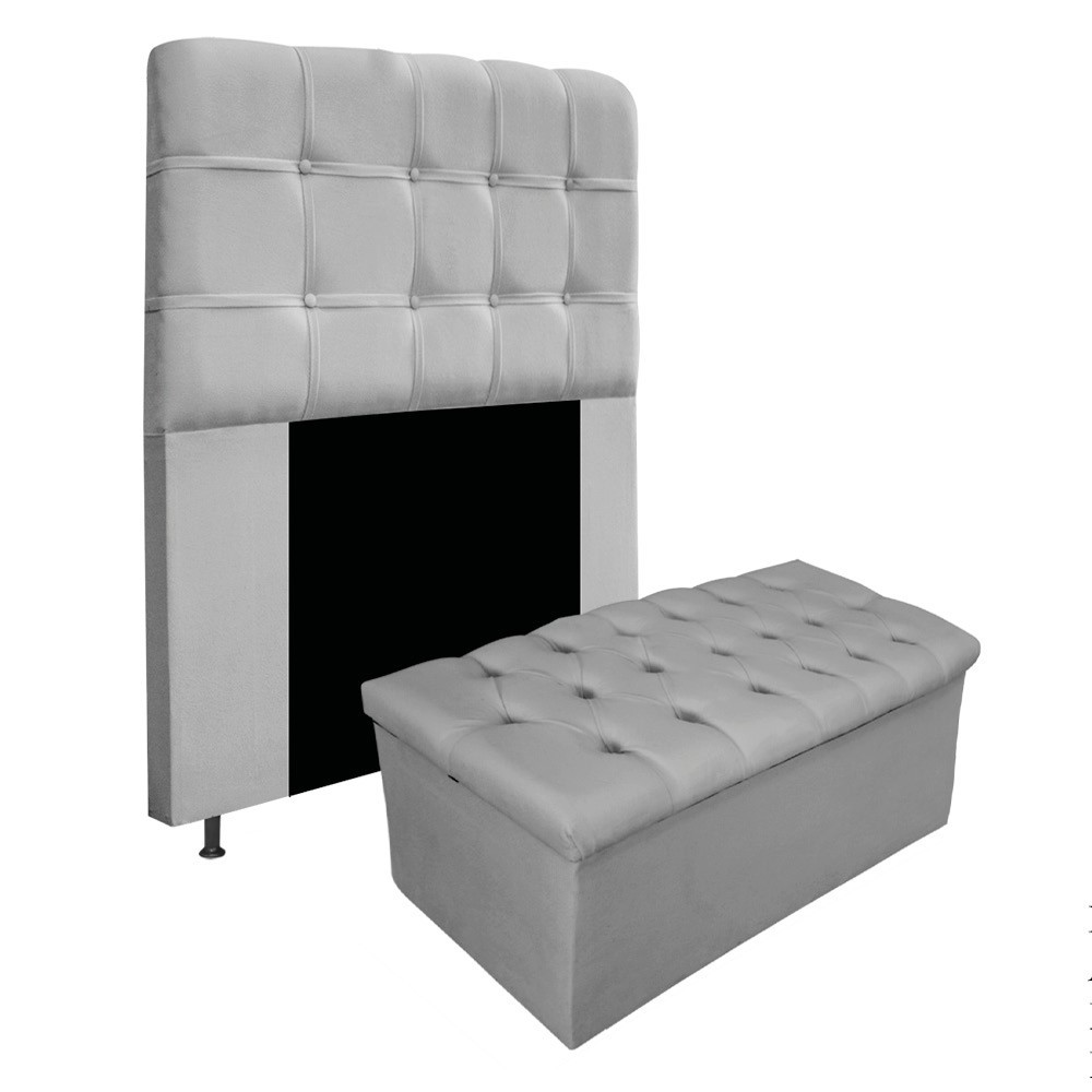 Kit Cabeceira e Calçadeira Baú Estofada Mel 90 cm Solteiro Com Capitonê Suede Cinza - Amarena Móveis