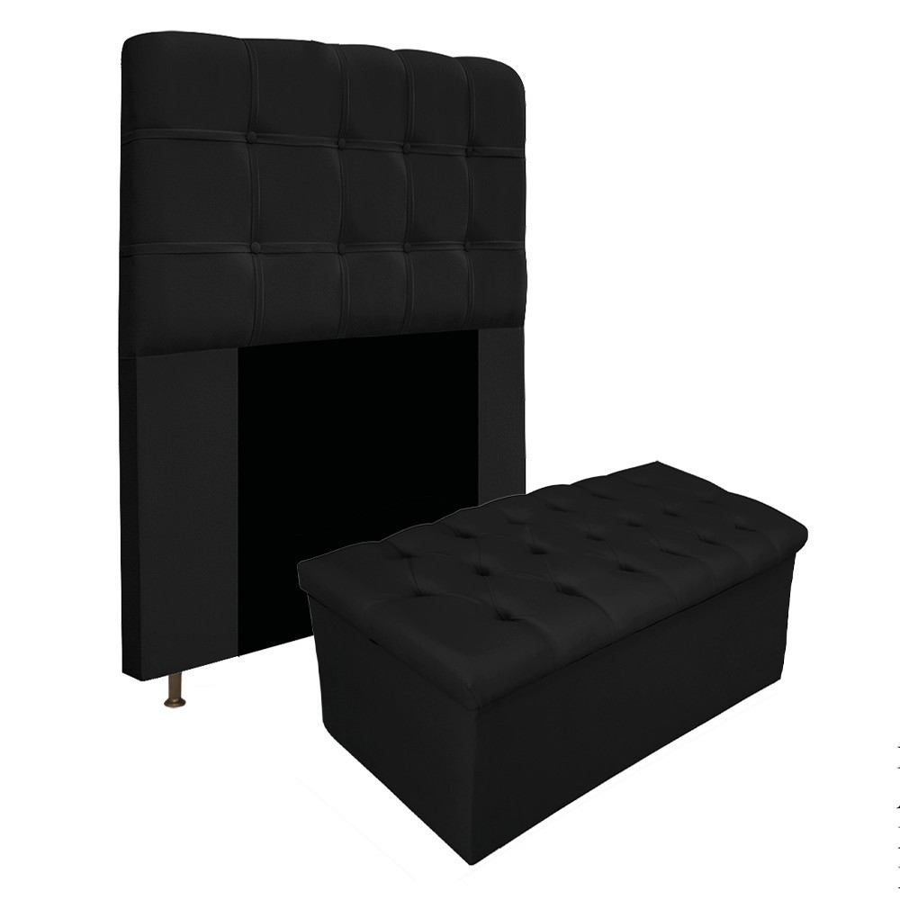 Kit Cabeceira e Calçadeira Baú Estofada Mel 90 cm Solteiro Com Capitonê Suede Preto - Amarena Móveis