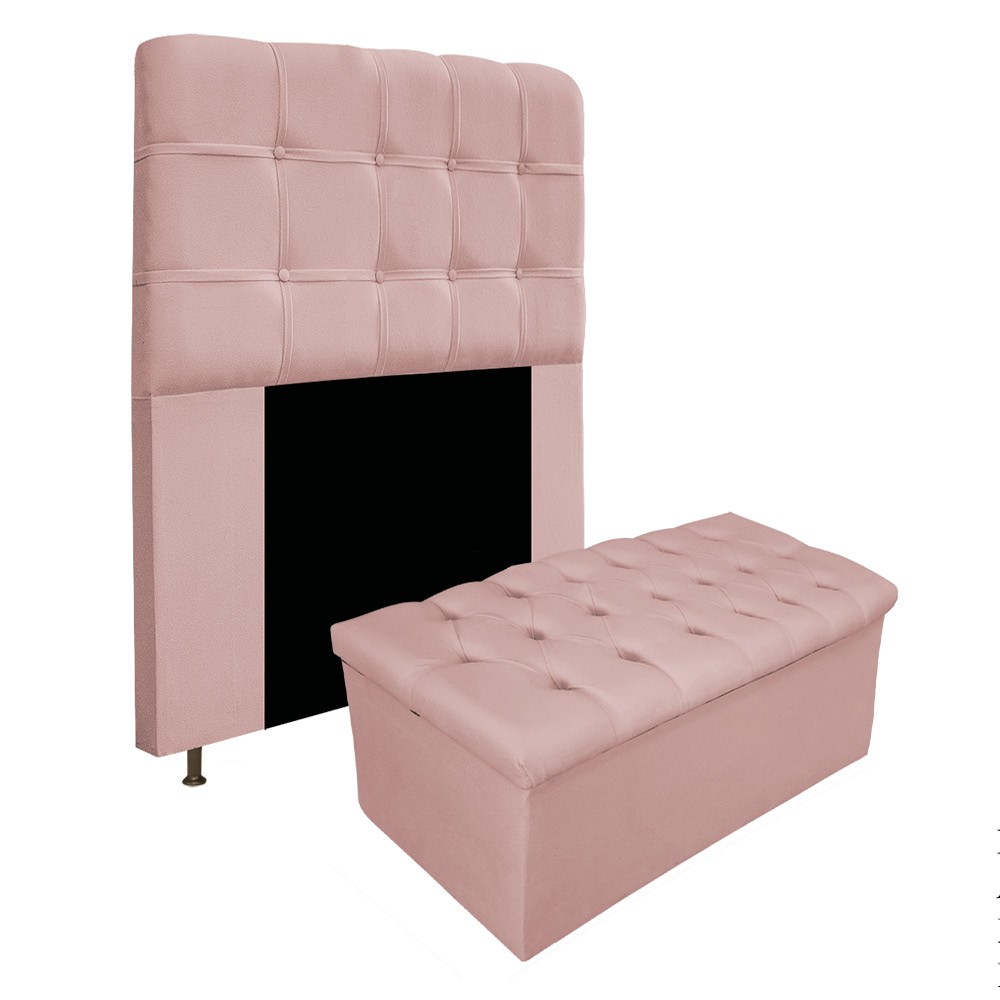 Kit Cabeceira e Calçadeira Baú Estofada Mel 90 cm Solteiro Com Capitonê Suede Rosê - Amarena Móveis