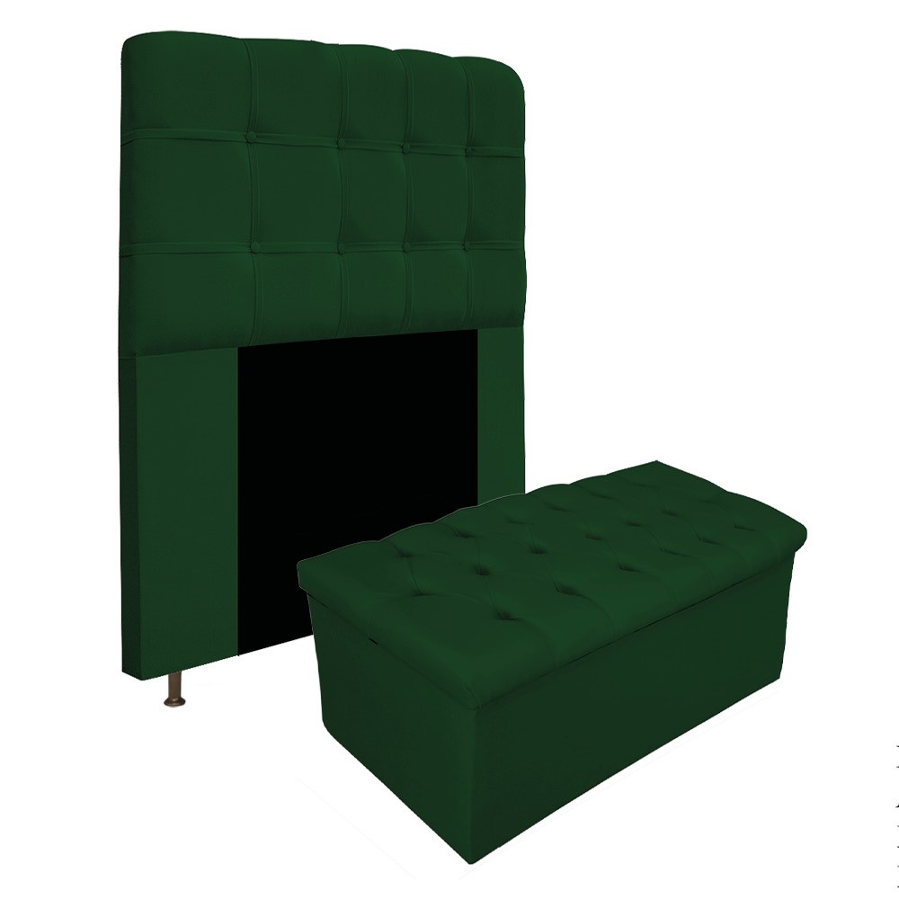 Kit Cabeceira e Calçadeira Baú Estofada Mel 90 cm Solteiro Com Capitonê Suede Verde - Amarena Móveis