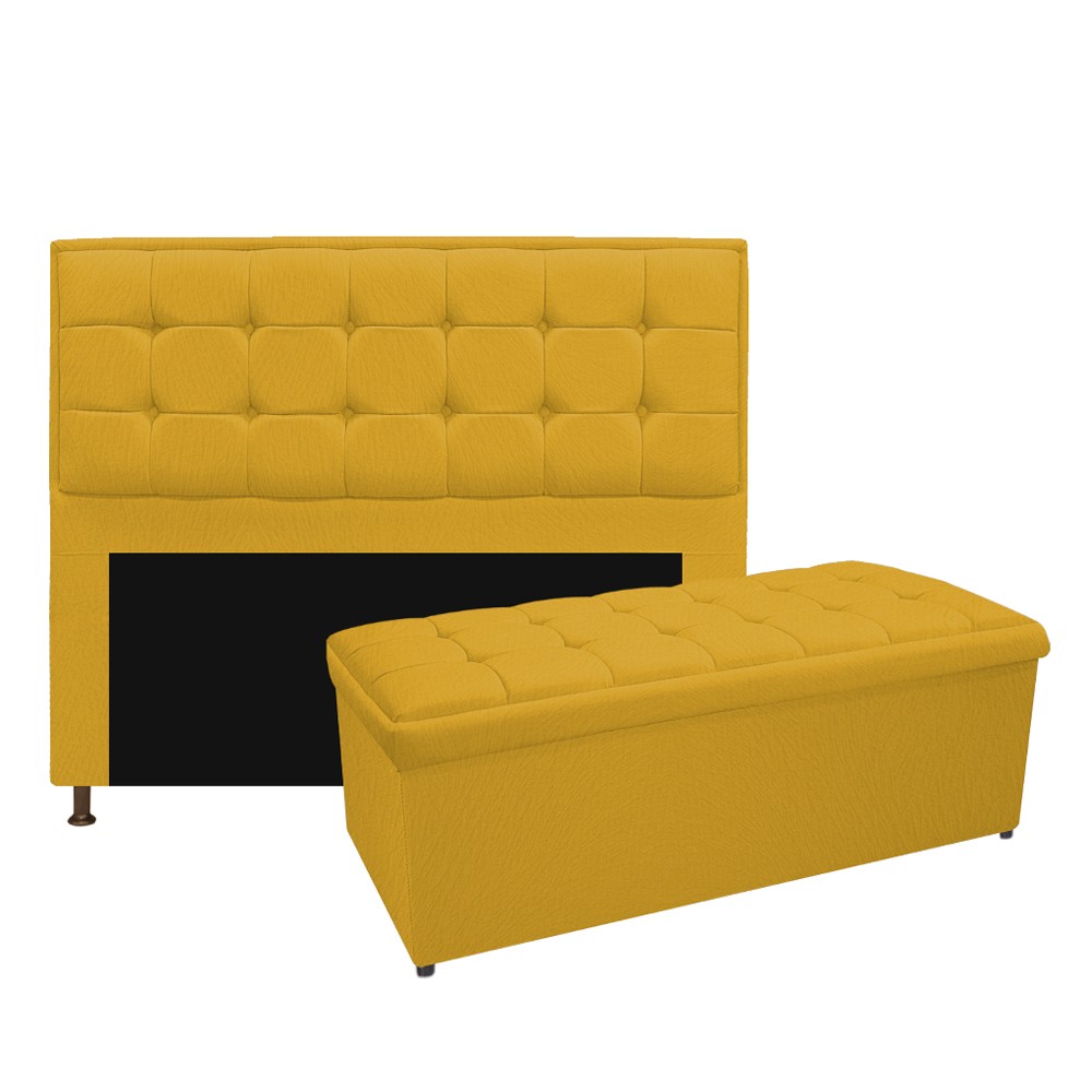 Kit Cabeceira e Calçadeira Copenhague 140 cm Casal Suede Amarelo - Amarena Móveis