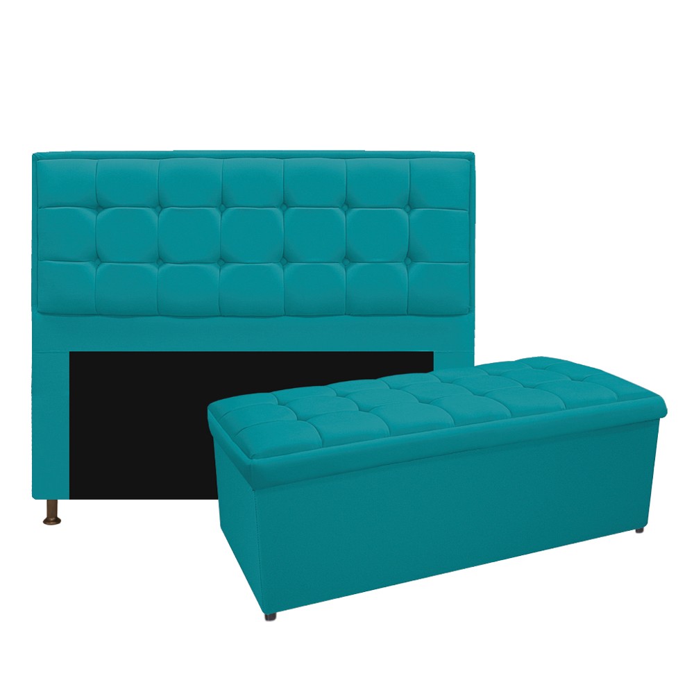 Kit Cabeceira e Calçadeira Copenhague 140 cm Casal Suede Azul Turquesa - Amarena Móveis