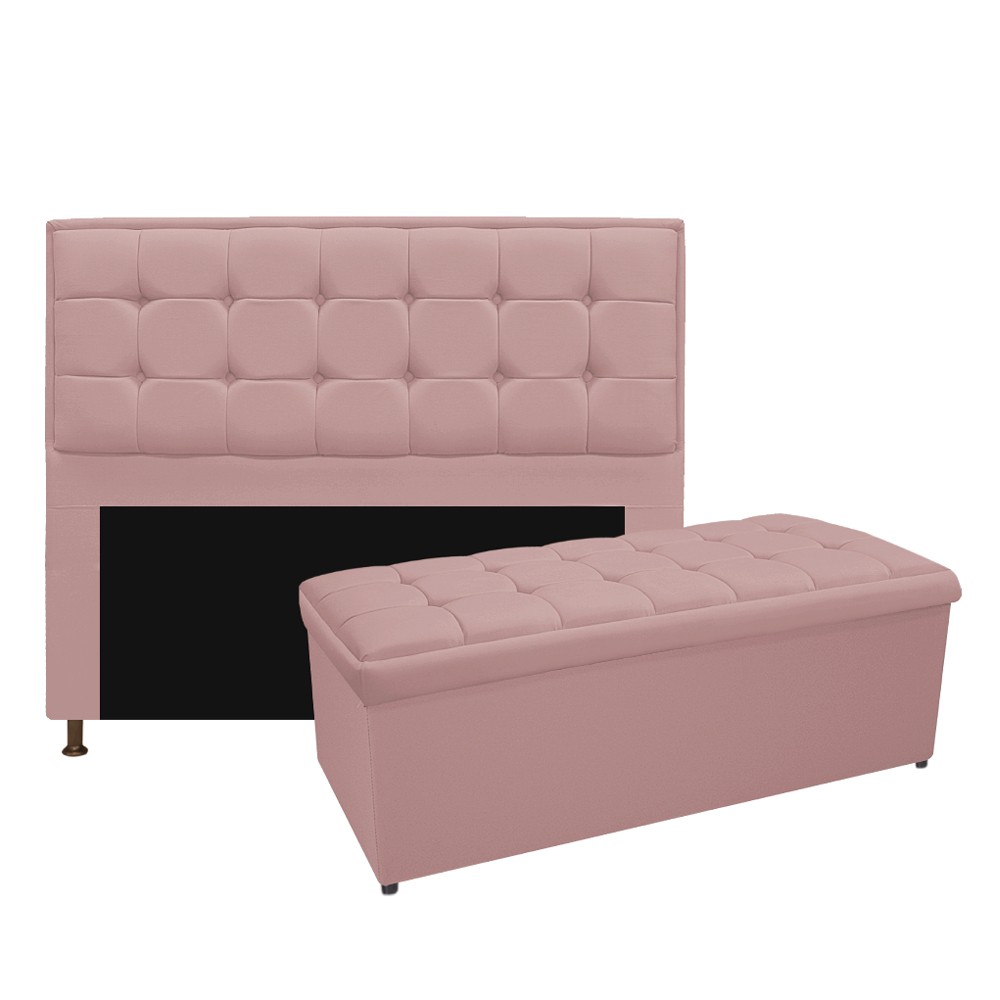 Kit Cabeceira e Calçadeira Copenhague 160 cm Queen Size Suede Rosê - Amarena Móveis
