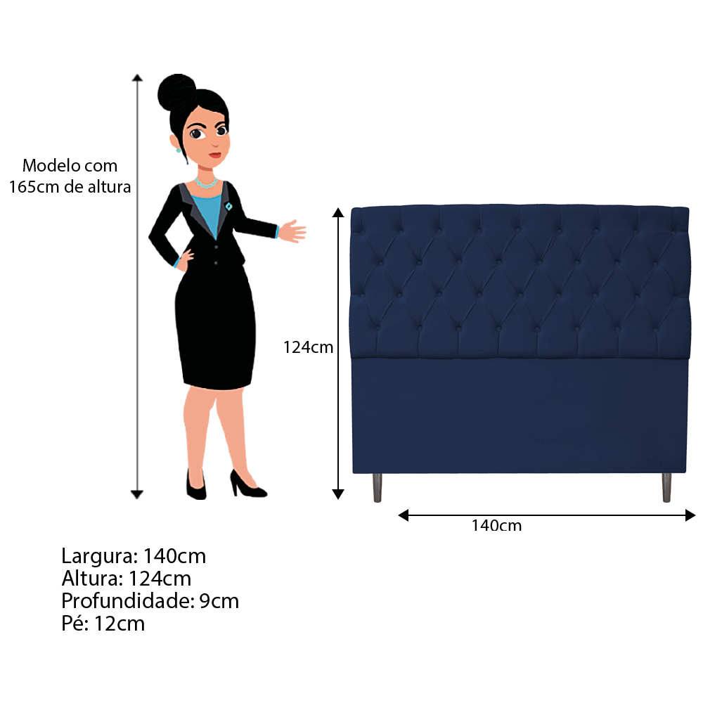 Kit Cabeceira e Calçadeira Liverpool 140 cm Casal Suede Azul Marinho - Amarena Móveis
