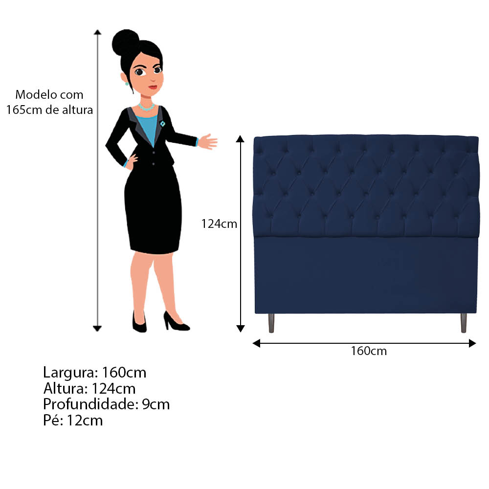 Kit Cabeceira e Calçadeira Liverpool 160 cm Queen Size Suede Azul Marinho - Amarena Móveis