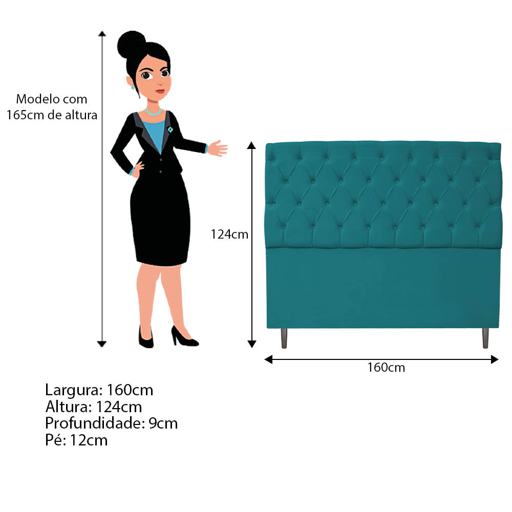Kit Cabeceira e Calçadeira Liverpool 160 cm Queen Size Suede Azul Turquesa - Amarena Móveis