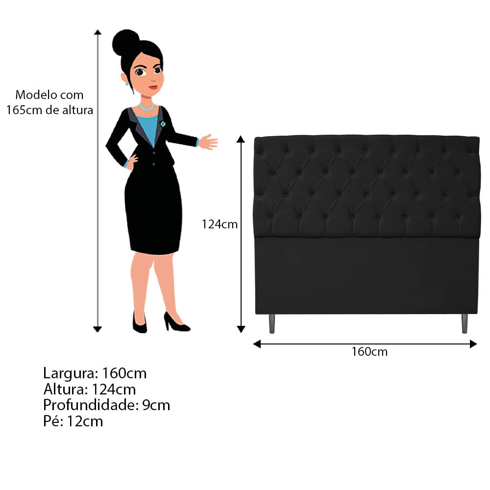 Kit Cabeceira e Calçadeira Liverpool 160 cm Queen Size Suede Preto - Amarena Móveis