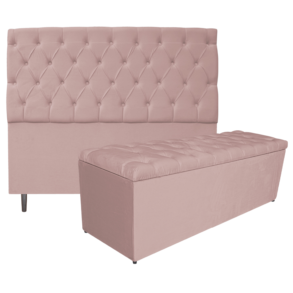 Kit Cabeceira e Calçadeira Liverpool 160 cm Queen Size Suede Rosê - Amarena Móveis