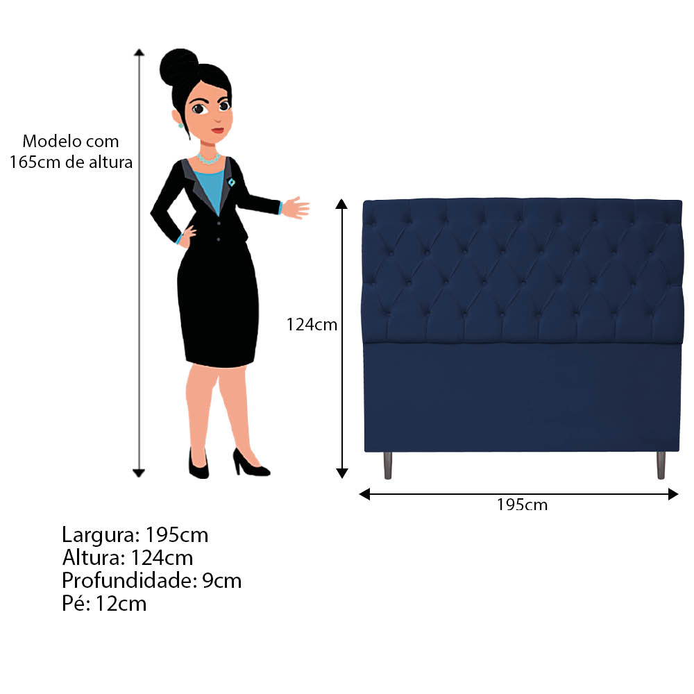 Kit Cabeceira e Calçadeira Liverpool 195 cm King Size Suede Azul Marinho - Amarena Móveis