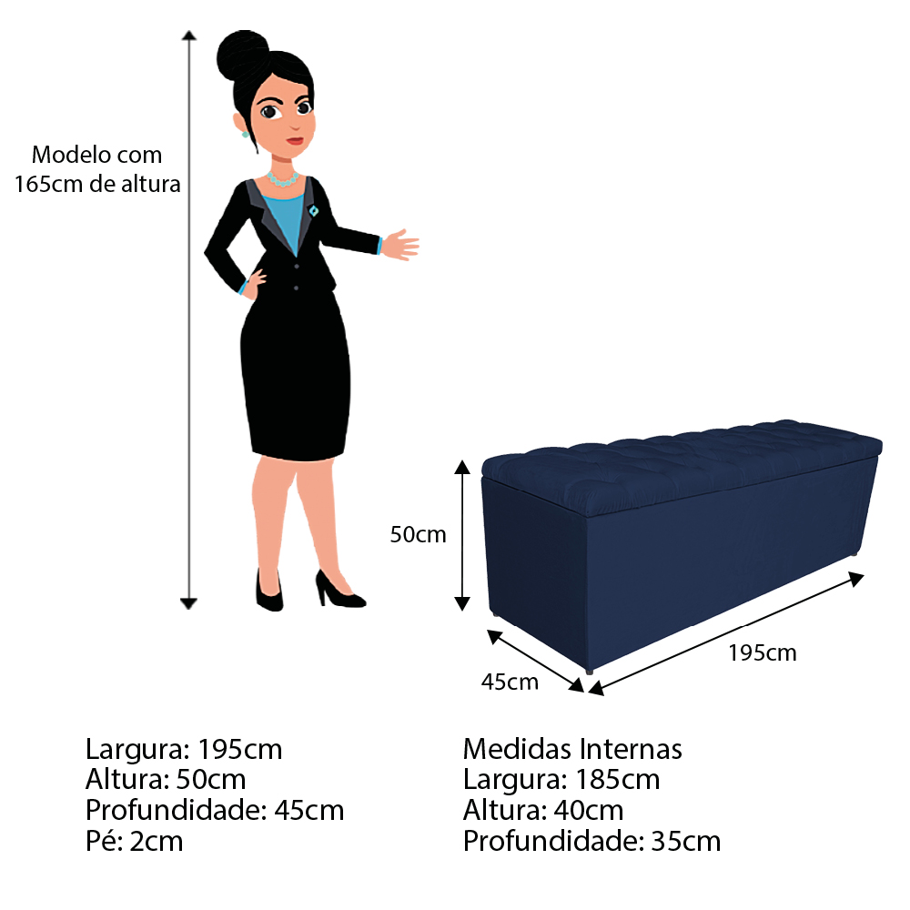 Kit Cabeceira e Calçadeira Liverpool 195 cm King Size Suede Azul Marinho - Amarena Móveis