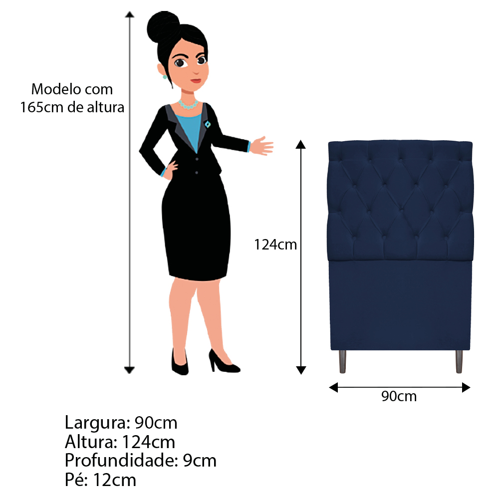 Kit Cabeceira e Calçadeira Liverpool 90 cm Solteiro Suede Azul Marinho - Amarena Móveis