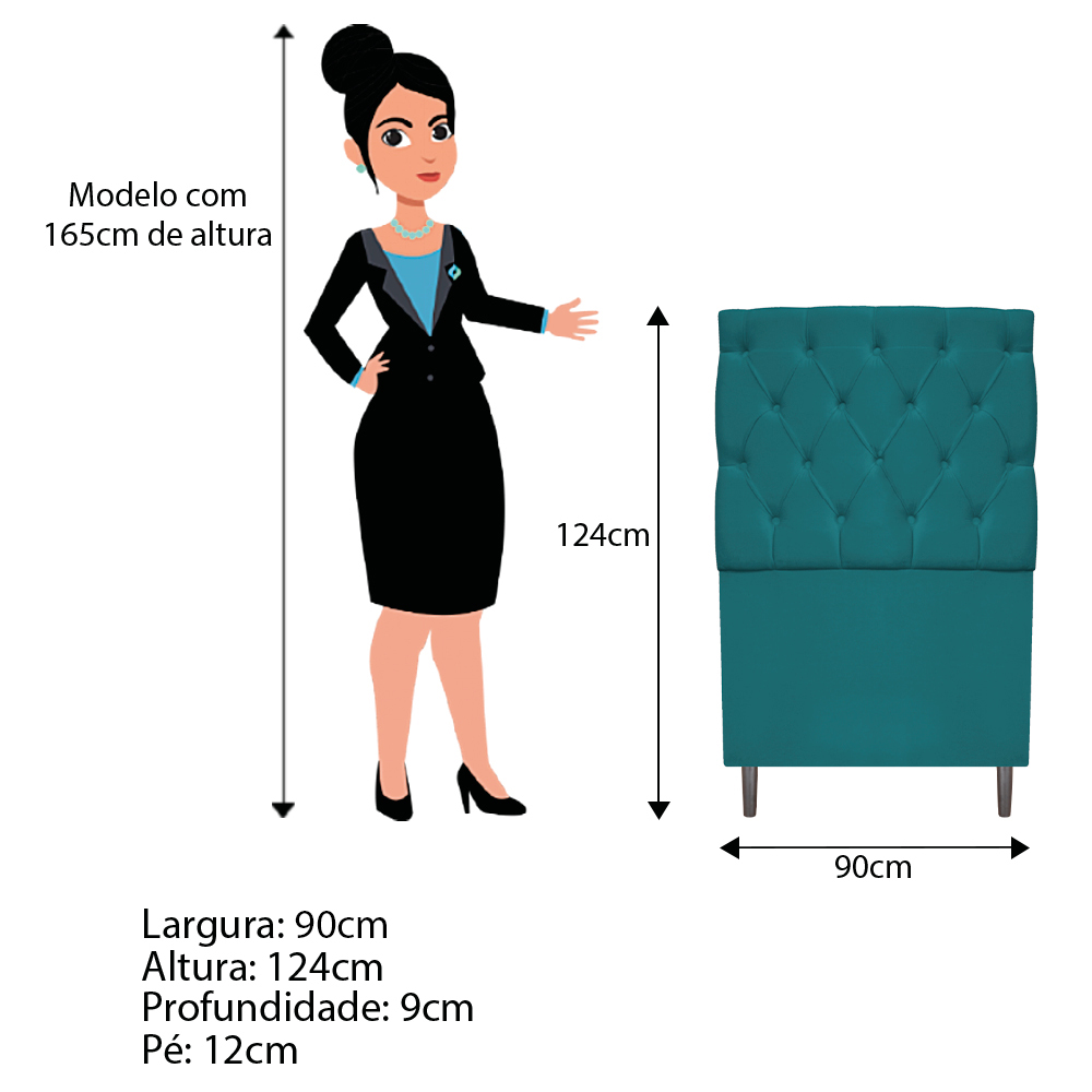 Kit Cabeceira e Calçadeira Liverpool 90 cm Solteiro Suede Azul Turquesa - Amarena Móveis