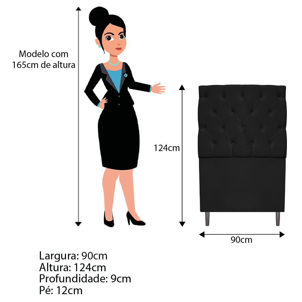 Kit Cabeceira e Calçadeira Liverpool 90 cm Solteiro Suede Preto - Amarena Móveis