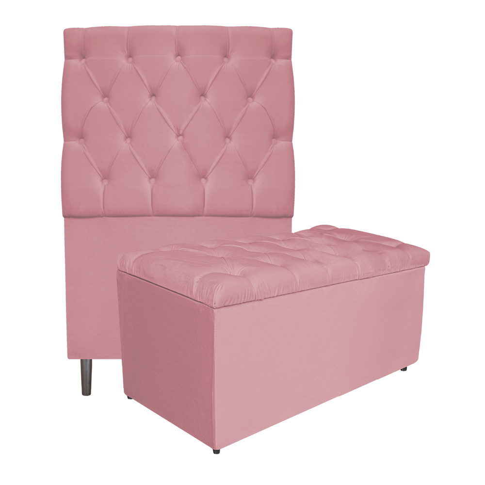 Kit Cabeceira e Calçadeira Liverpool 90 cm Solteiro Suede Rosa Bebê - Amarena Móveis