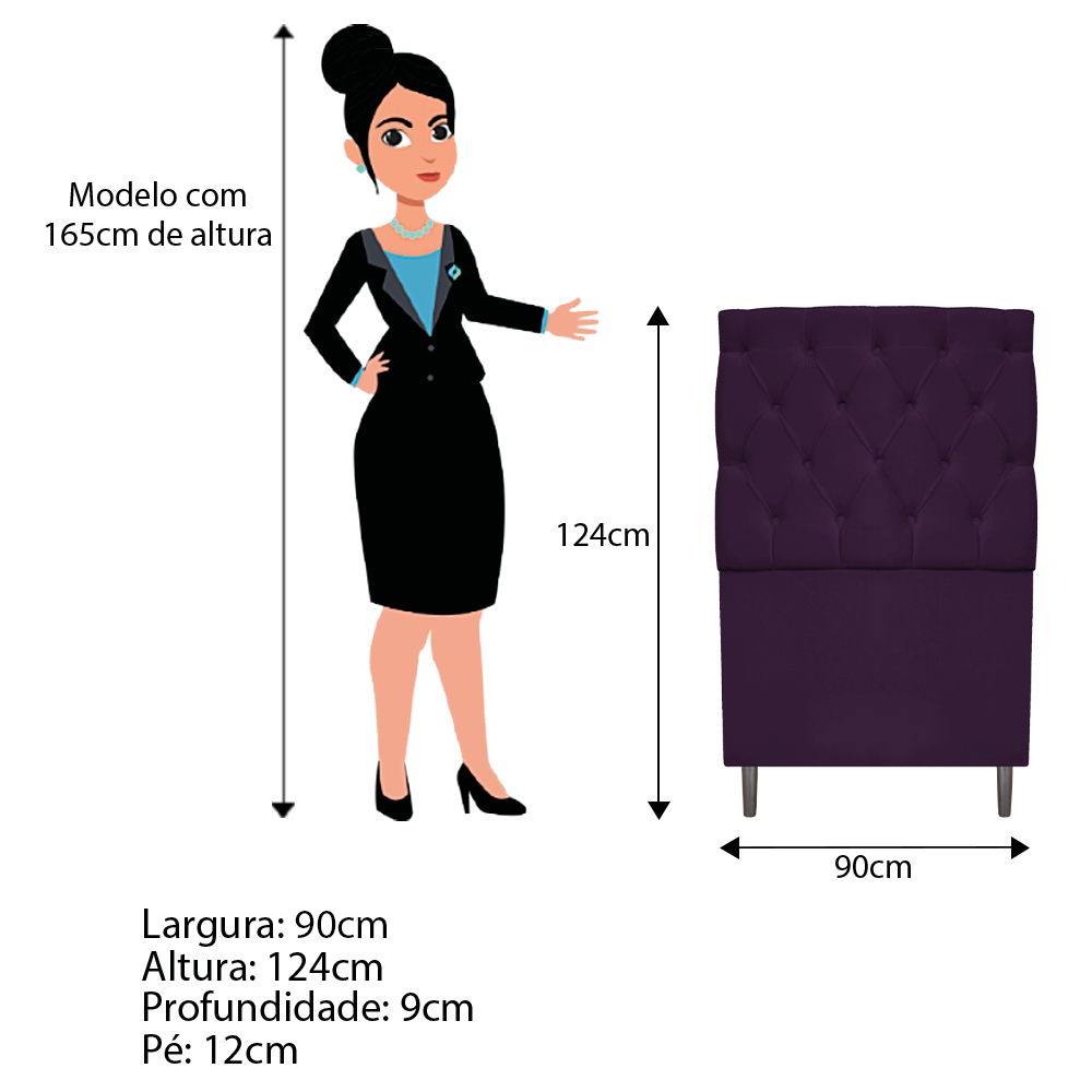 Kit Cabeceira e Calçadeira Liverpool 90 cm Solteiro Suede Roxo - Amarena Móveis