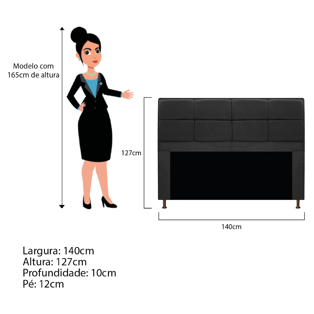 Kit Cabeceira e Calçadeira Munique 140 cm Casal Corano Preto - Amarena Móveis
