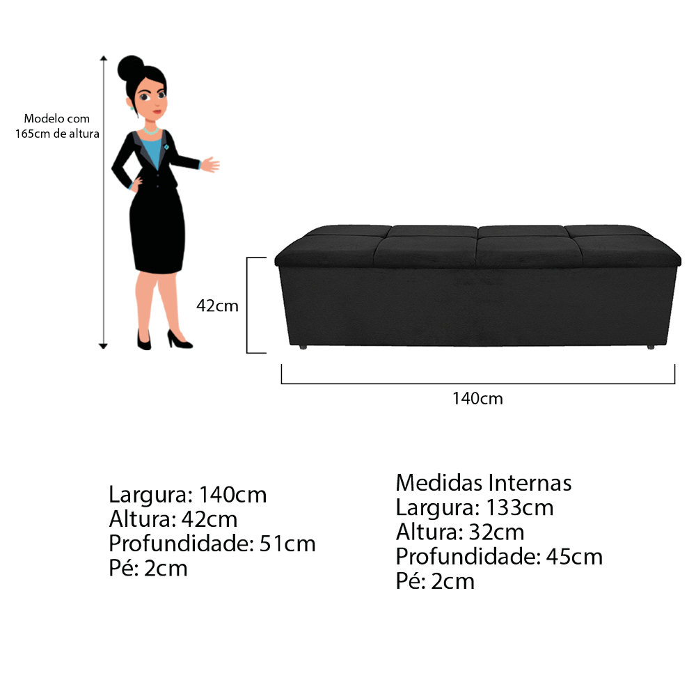 Kit Cabeceira e Calçadeira Munique 140 cm Casal Corano Preto - Amarena Móveis