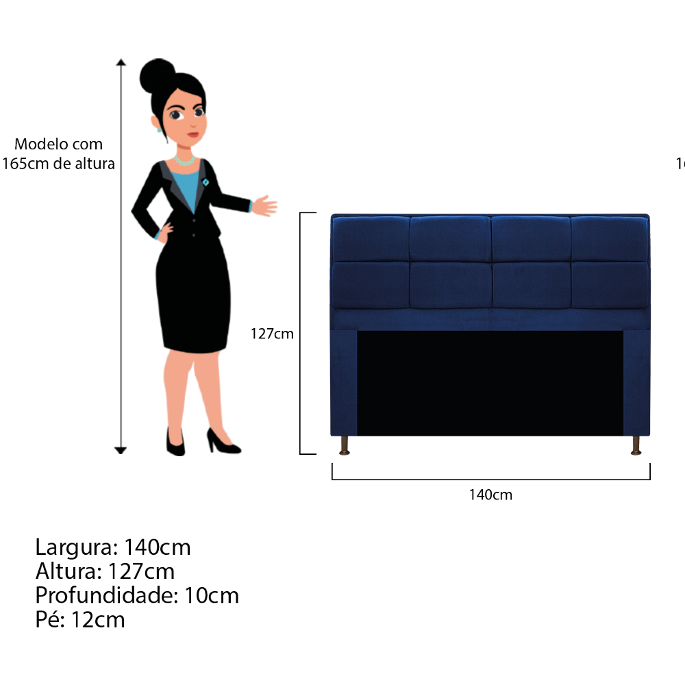 Kit Cabeceira e Calçadeira Munique 140 cm Casal Suede Azul Marinho - Amarena Móveis