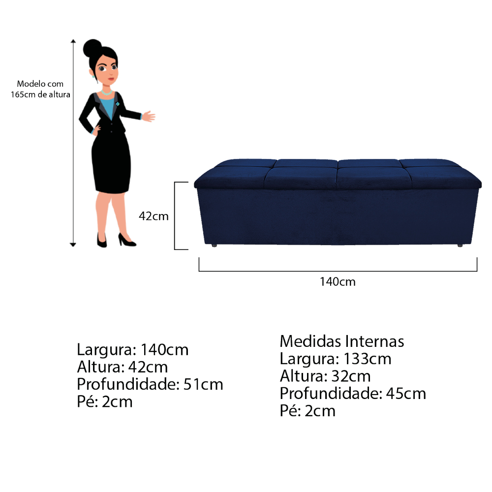 Kit Cabeceira e Calçadeira Munique 140 cm Casal Suede Azul Marinho - Amarena Móveis