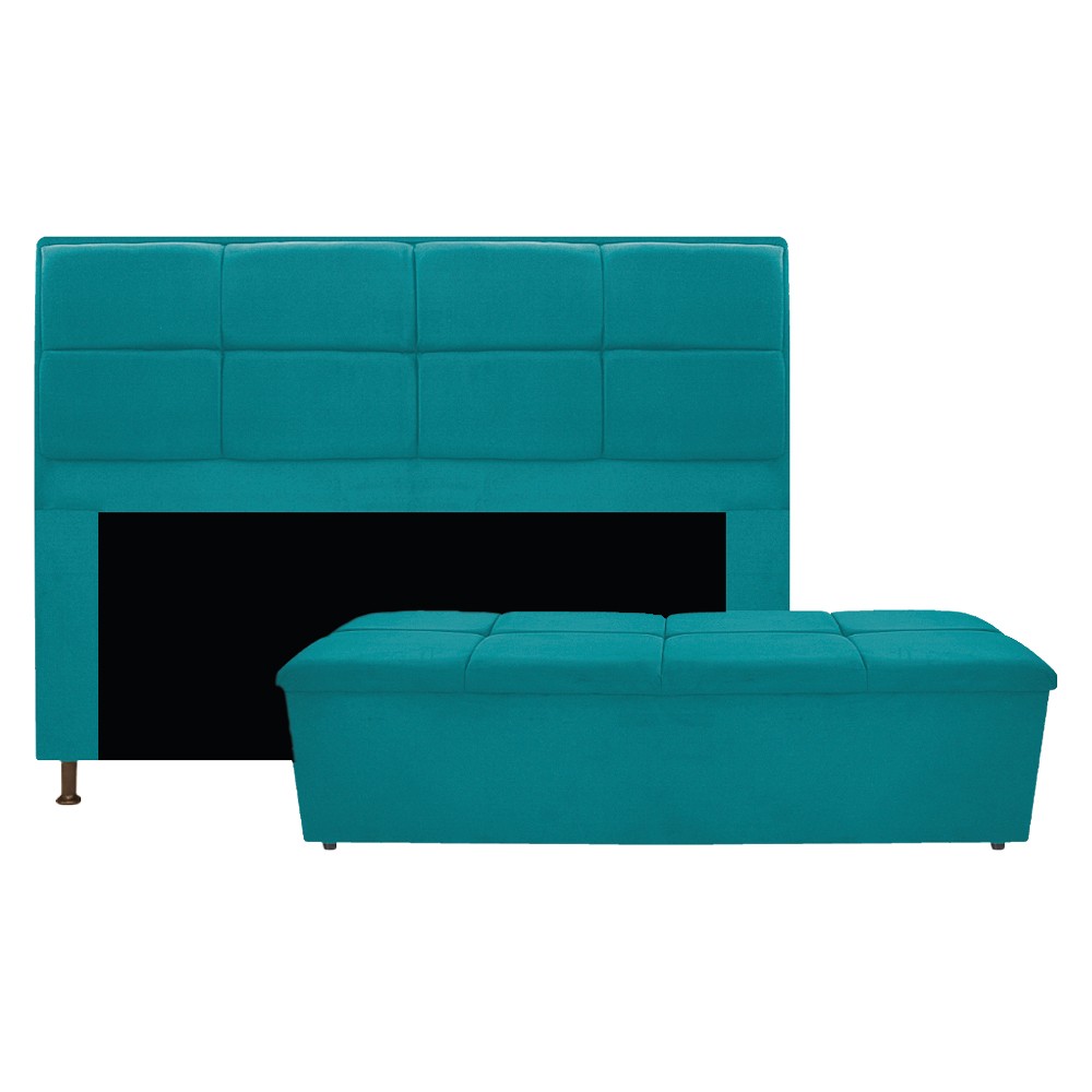 Kit Cabeceira e Calçadeira Munique 140 cm Casal Suede Azul Turquesa - Amarena Móveis