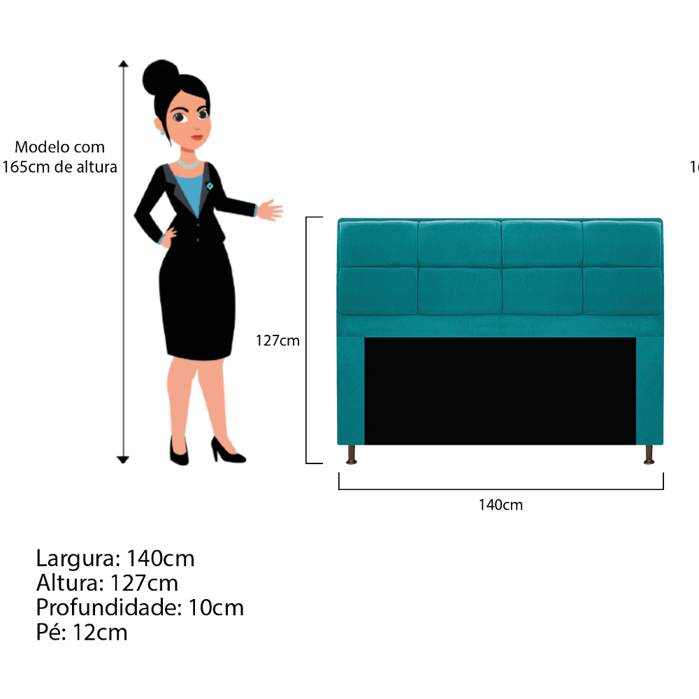 Kit Cabeceira e Calçadeira Munique 140 cm Casal Suede Azul Turquesa - Amarena Móveis