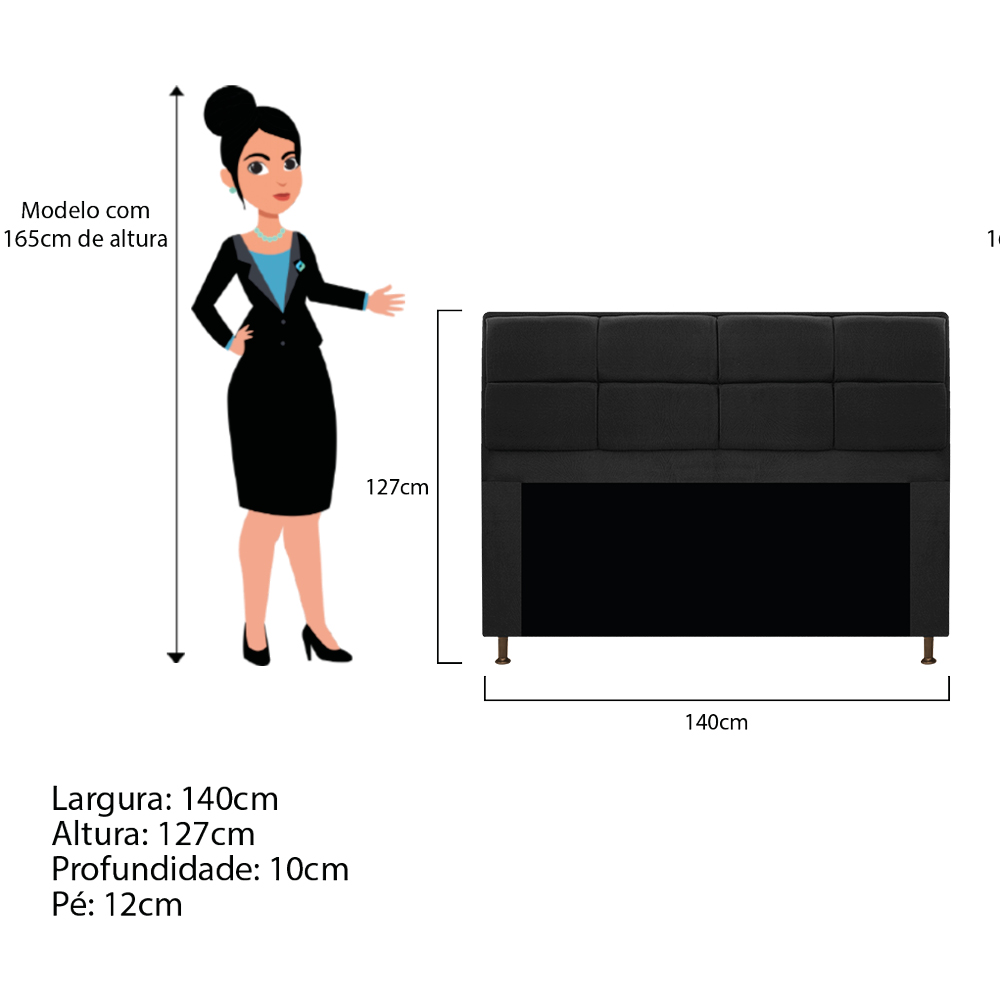 Kit Cabeceira e Calçadeira Munique 140 cm Casal Suede Preto - Amarena Móveis
