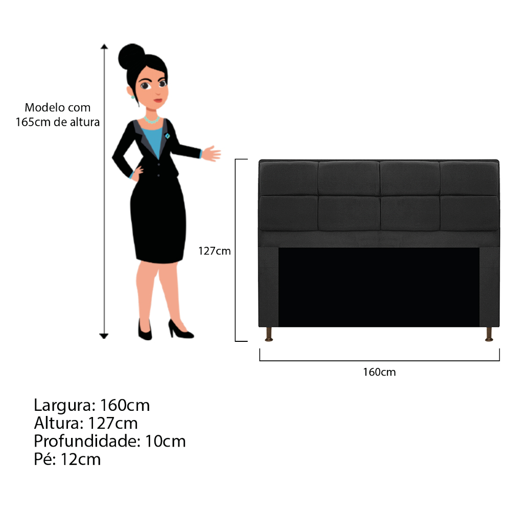 Kit Cabeceira e Calçadeira Munique 160 cm Queen Size Corano Preto - Amarena Móveis