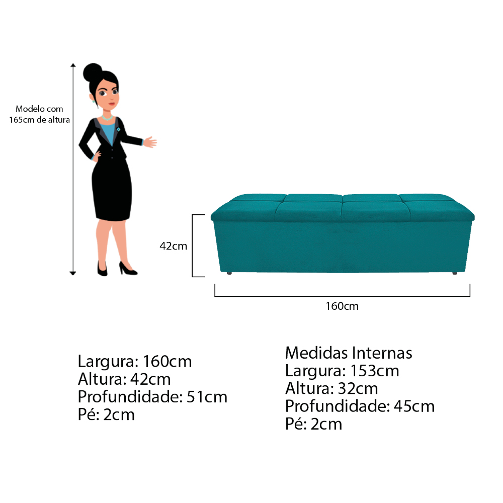 Kit Cabeceira e Calçadeira Munique 160 cm Queen Size Suede Azul Turquesa - Amarena Móveis