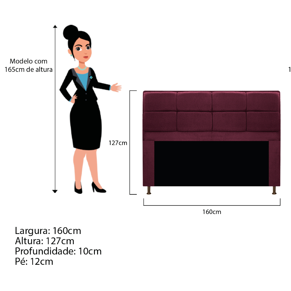 Kit Cabeceira e Calçadeira Munique 160 cm Queen Size Suede Bordô - Amarena Móveis