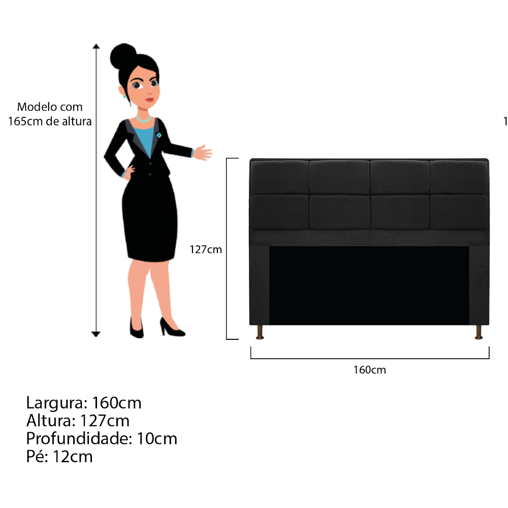Kit Cabeceira e Calçadeira Munique 160 cm Queen Size Suede Preto - Amarena Móveis
