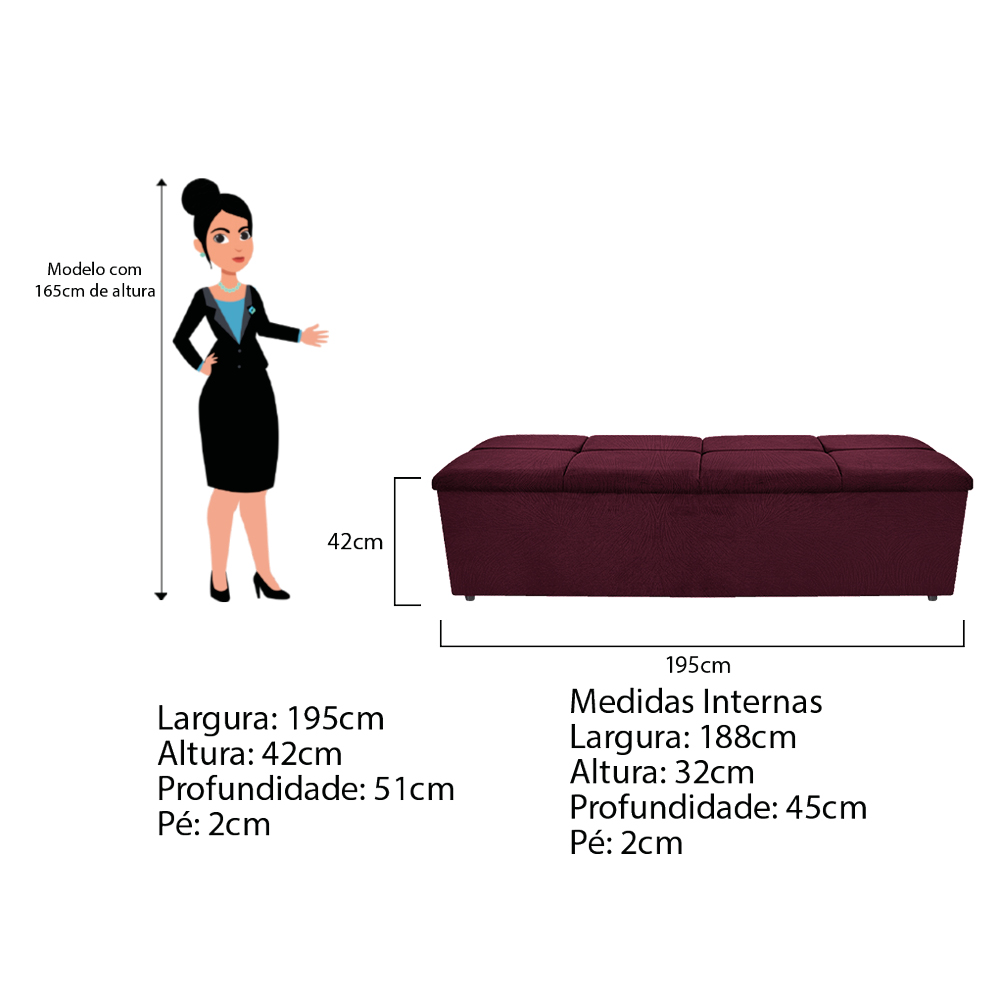 Kit Cabeceira e Calçadeira Munique 195 cm King Size Suede Bordô - Amarena Móveis