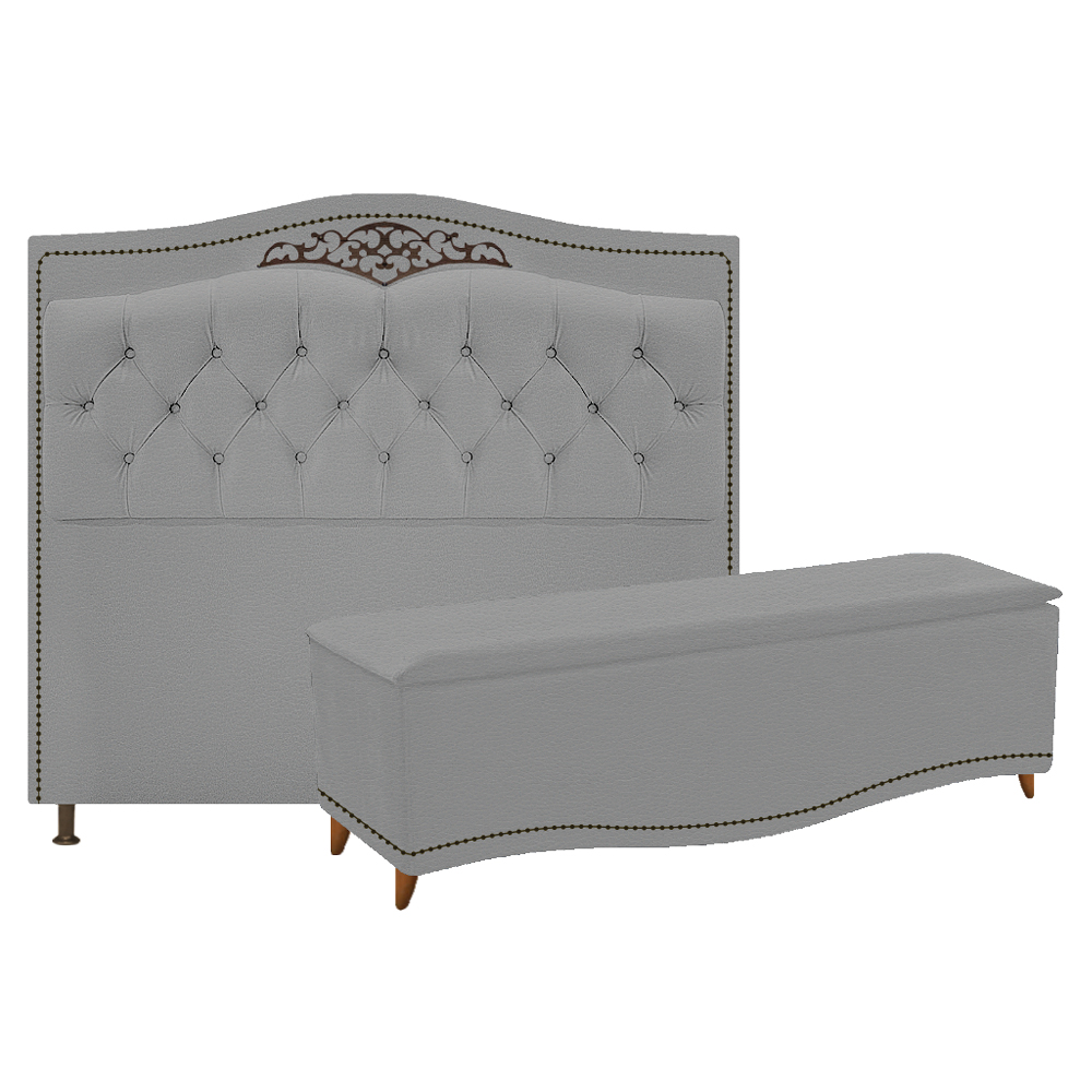 Kit Cabeceira e Calçadeira Yasmim 140 cm Casal Corano Cinza - Amarena Móveis