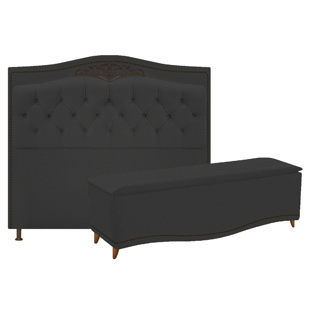 Kit Cabeceira e Calçadeira Yasmim 140 cm Casal Corano Preto - Amarena Móveis