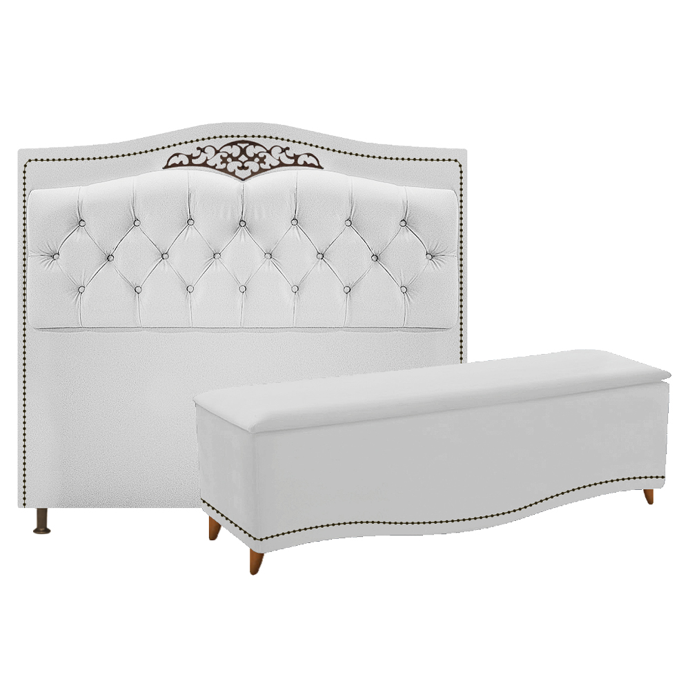 Kit Cabeceira e Calçadeira Yasmim 160 cm Queen Size Suede Branco - Amarena Móveis