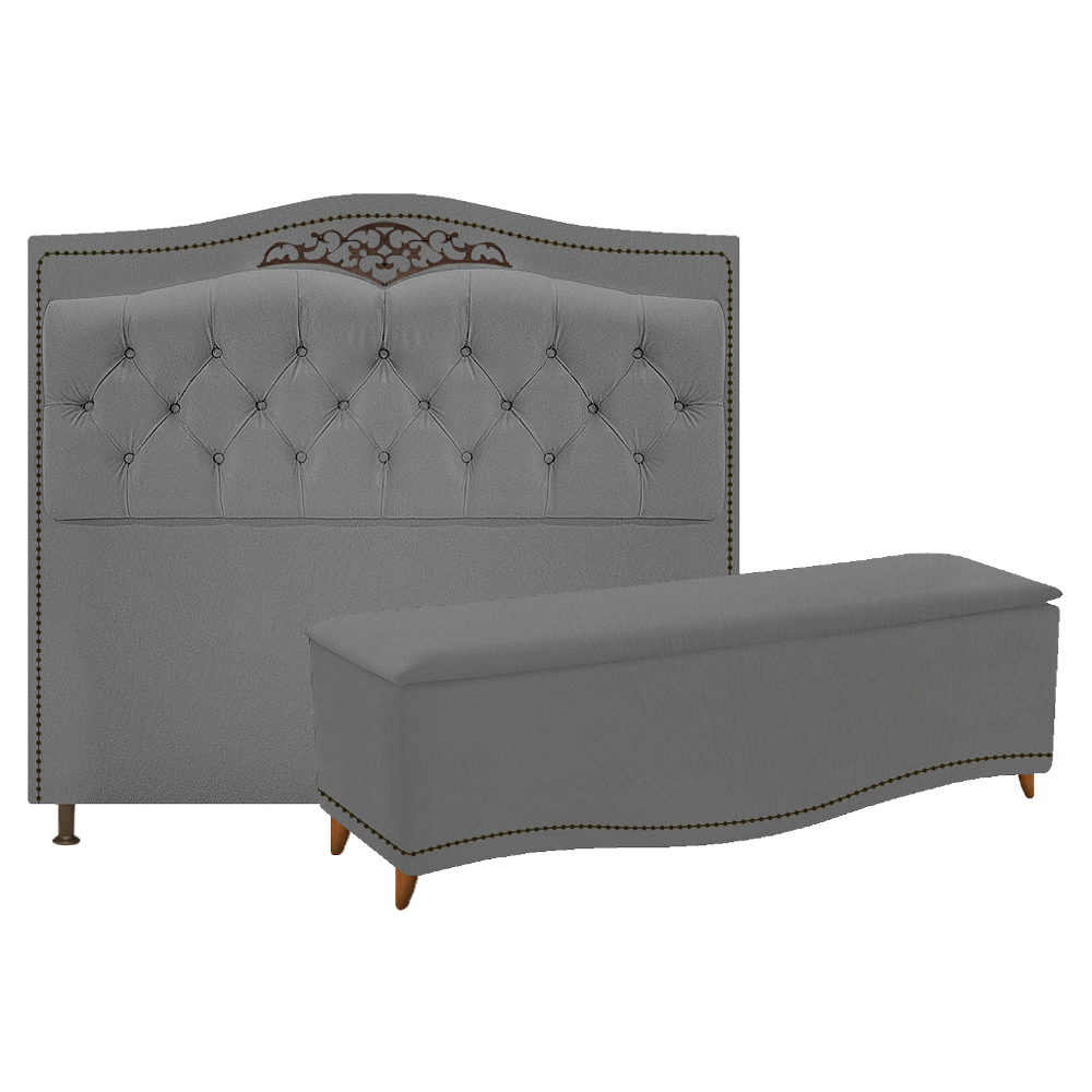 Kit Cabeceira e Calçadeira Yasmim 160 cm Queen Size Suede Cinza - Amarena Móveis