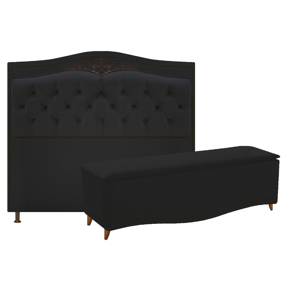 Kit Cabeceira e Calçadeira Yasmim 160 cm Queen Size Suede Preto - Amarena Móveis
