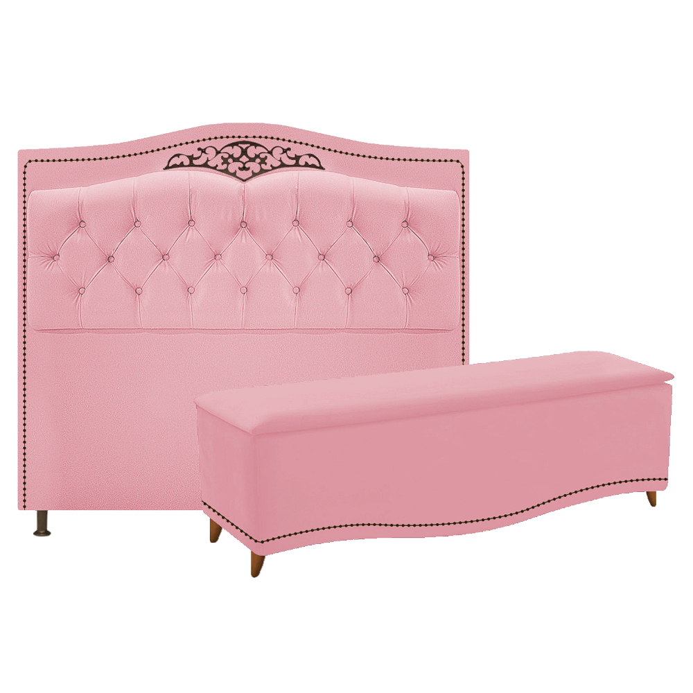 Kit Cabeceira e Calçadeira Yasmim 160 cm Queen Size Suede Rosa Bebê - Amarena Móveis