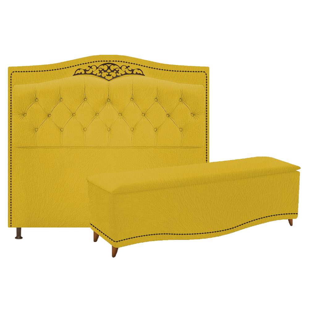 Kit Cabeceira e Calçadeira Yasmim 195 cm King Size Suede Amarelo - Amarena Móveis