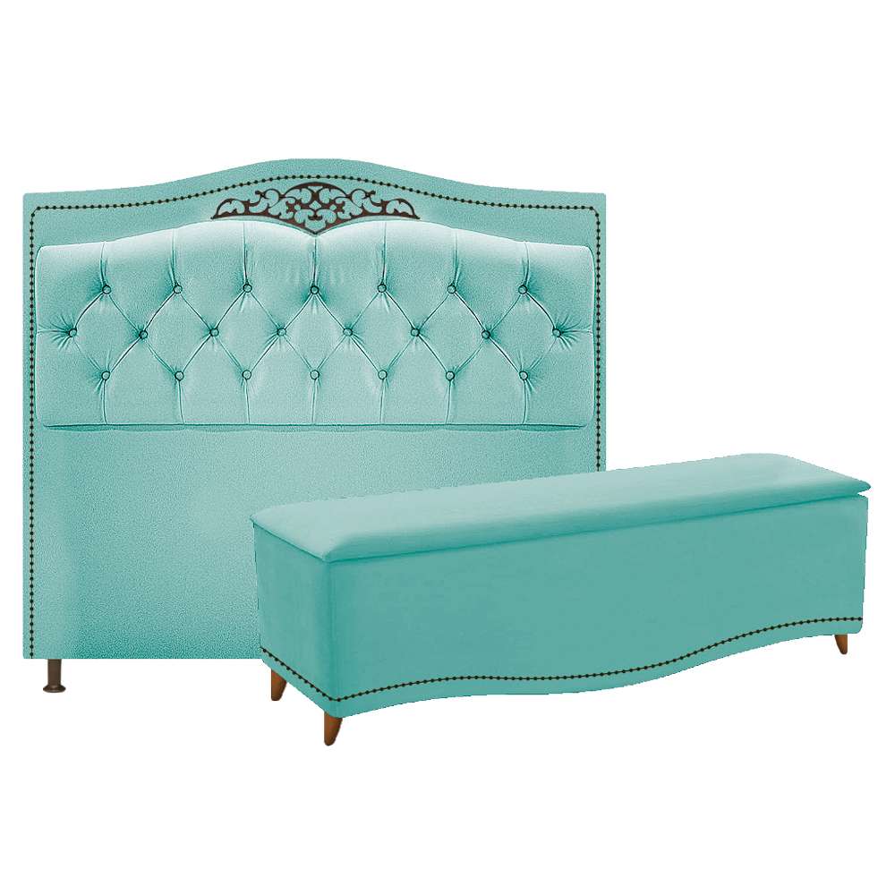 Kit Cabeceira e Calçadeira Yasmim 195 cm King Size Suede Azul Tiffany - Amarena Móveis
