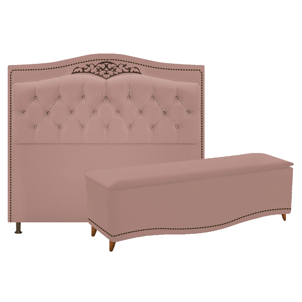 Kit Cabeceira e Calçadeira Yasmim 90 cm Solteiro Suede Rosê - Amarena Móveis