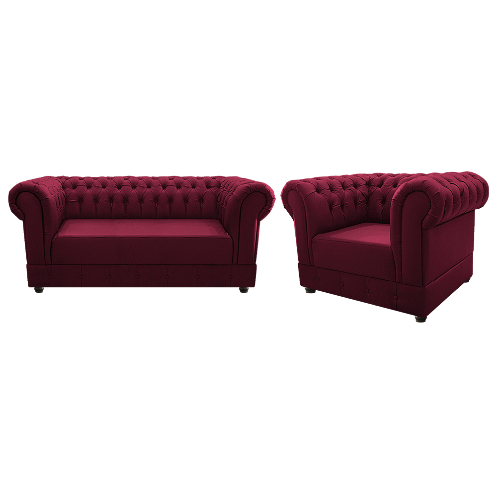 Kit Poltrona e Namoradeira Chesterfield Ana Suede Bordô - Amarena Móveis