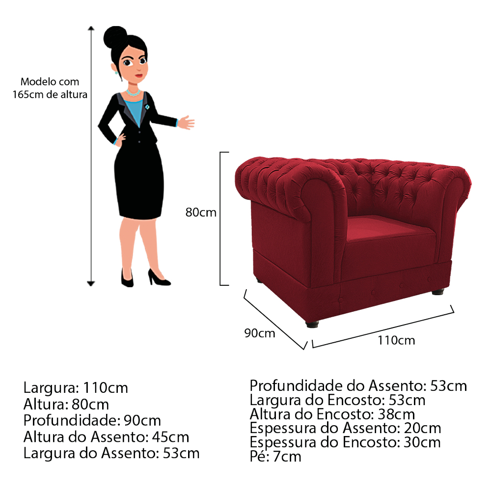 Kit Poltrona e Namoradeira Chesterfield Ana Suede Vermelho - Amarena Móveis