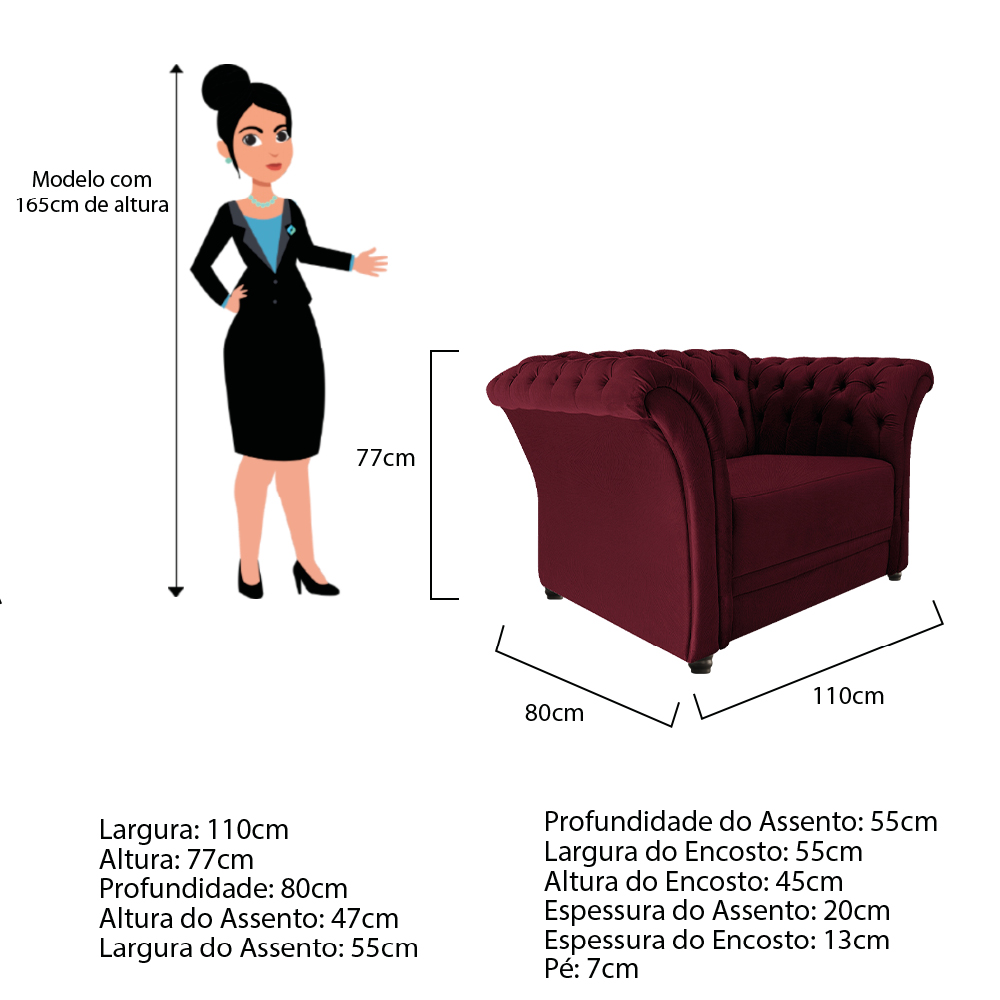 Poltrona Decorativa Chesterfield Sofia Suede Bordô - Amarena Móveis